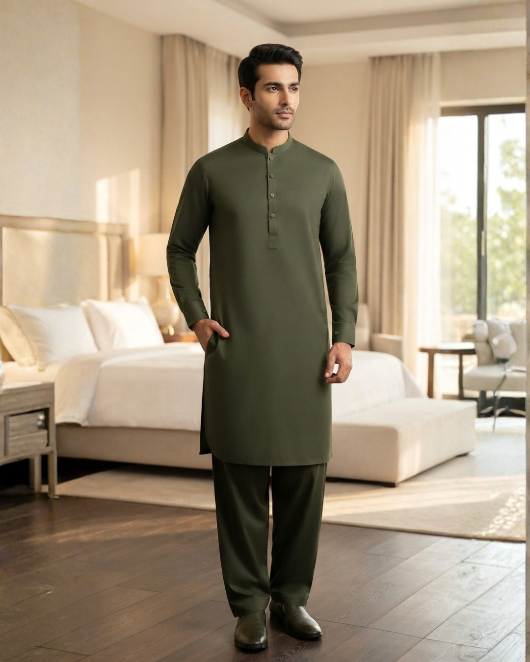 Men's Suit Olive Green Koh e Toor Wash & Wear Unstitched