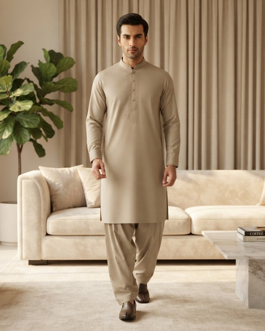 Men's Suit Desert Beige Royal Swiss Wash & Wear Unstitched
