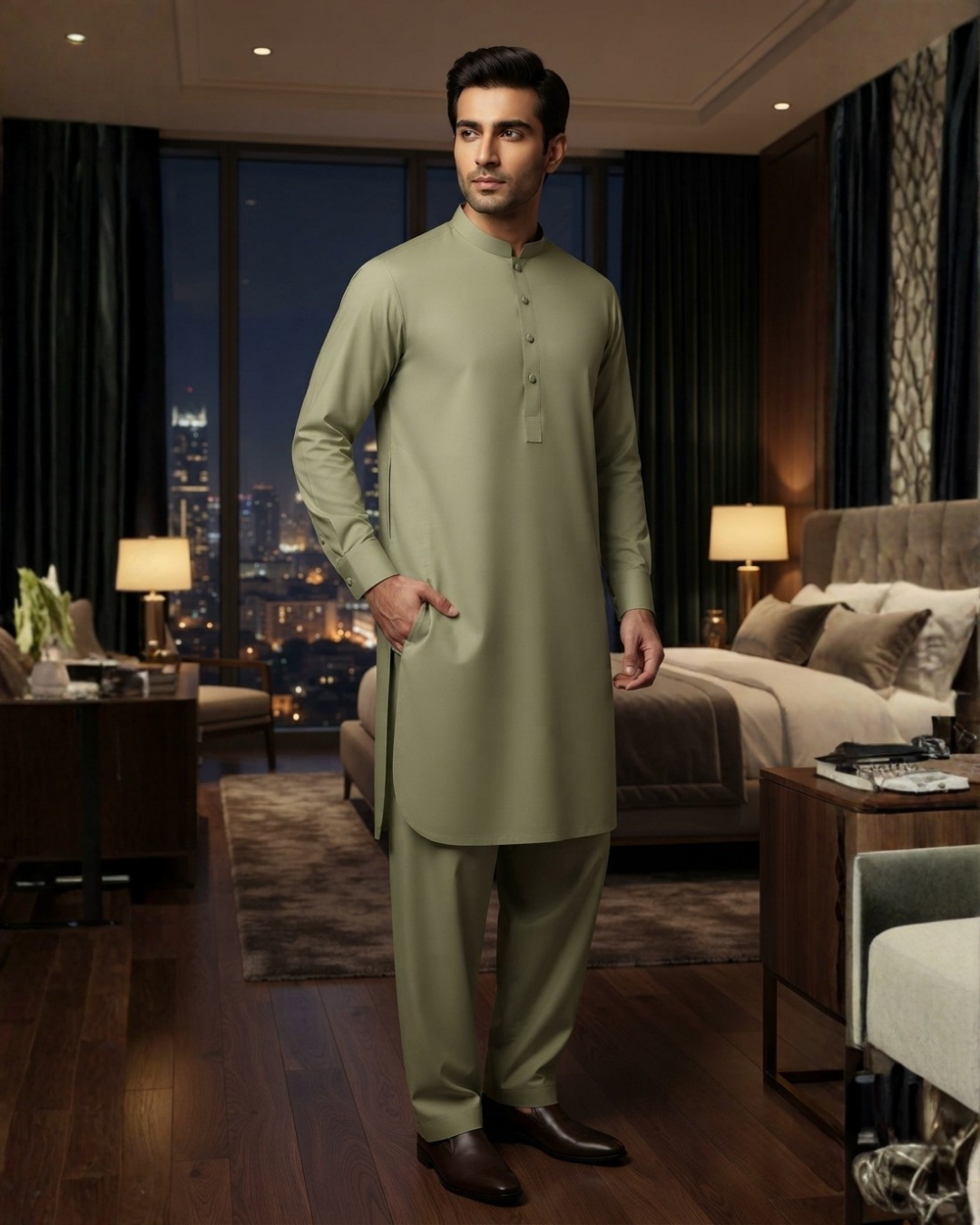 Men's Suit Khaki Beige Koh e Toor Wash & Wear Unstitched