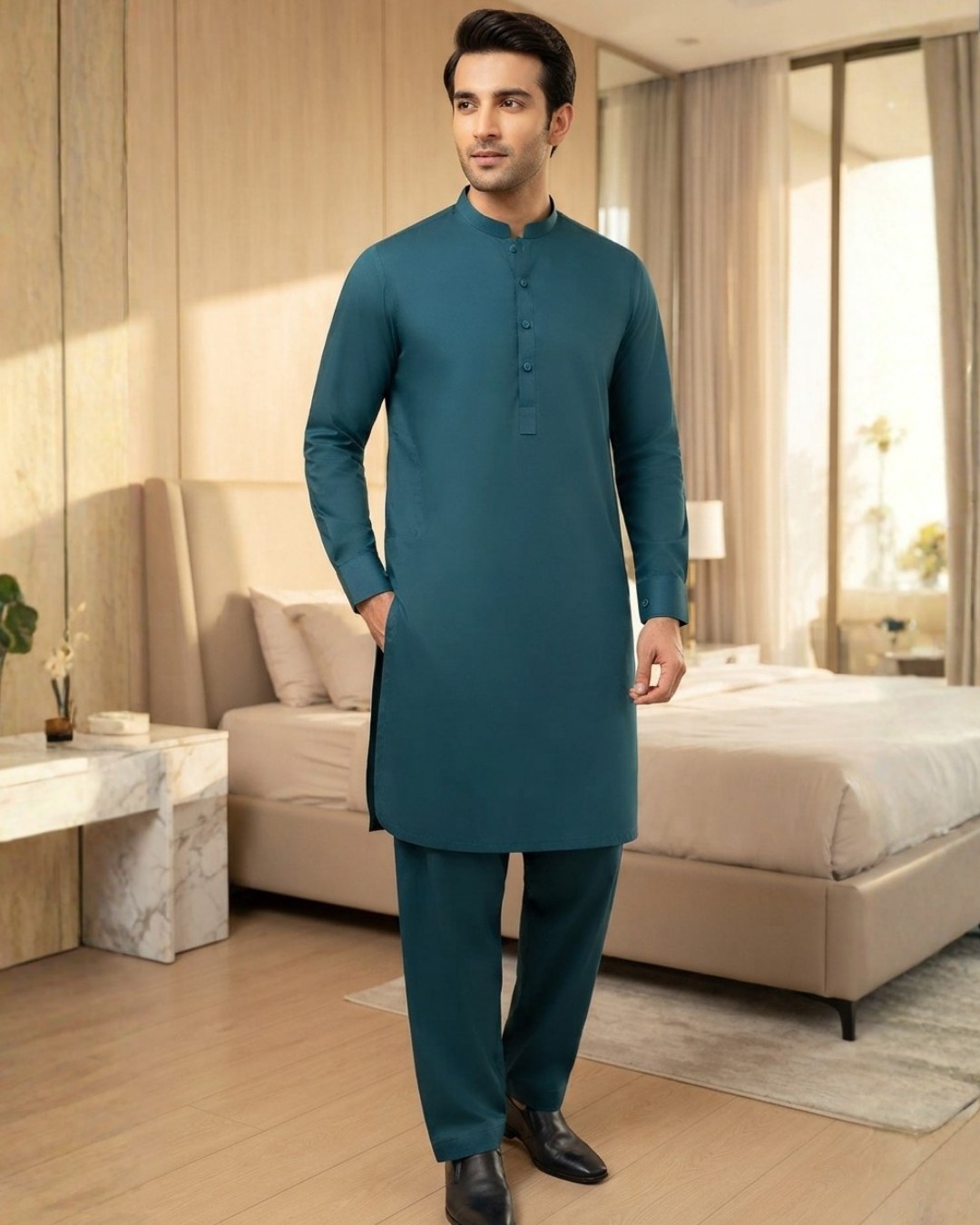 Men's Suit Peacock Blue Koh e Toor Wash & Wear Unstitched