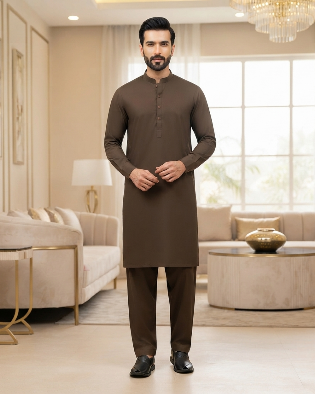 Men's Suit Espresso Brown Koh e Toor Wash & Wear Unstitched