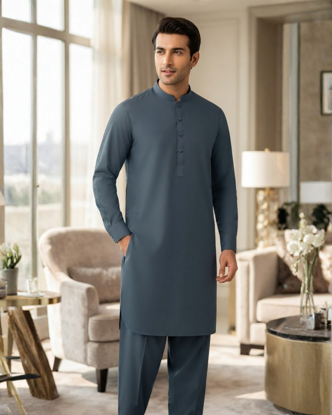 Men's Suit Steel Blue Koh e Toor Wash & Wear Unstitched