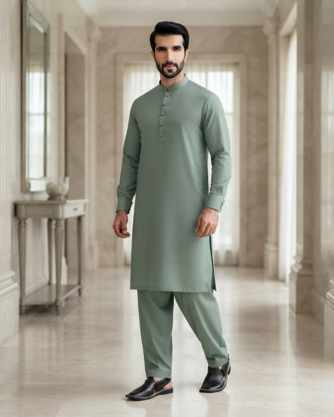 Men's Suit Sage Green Royal Swiss Wash & Wear Unstitched