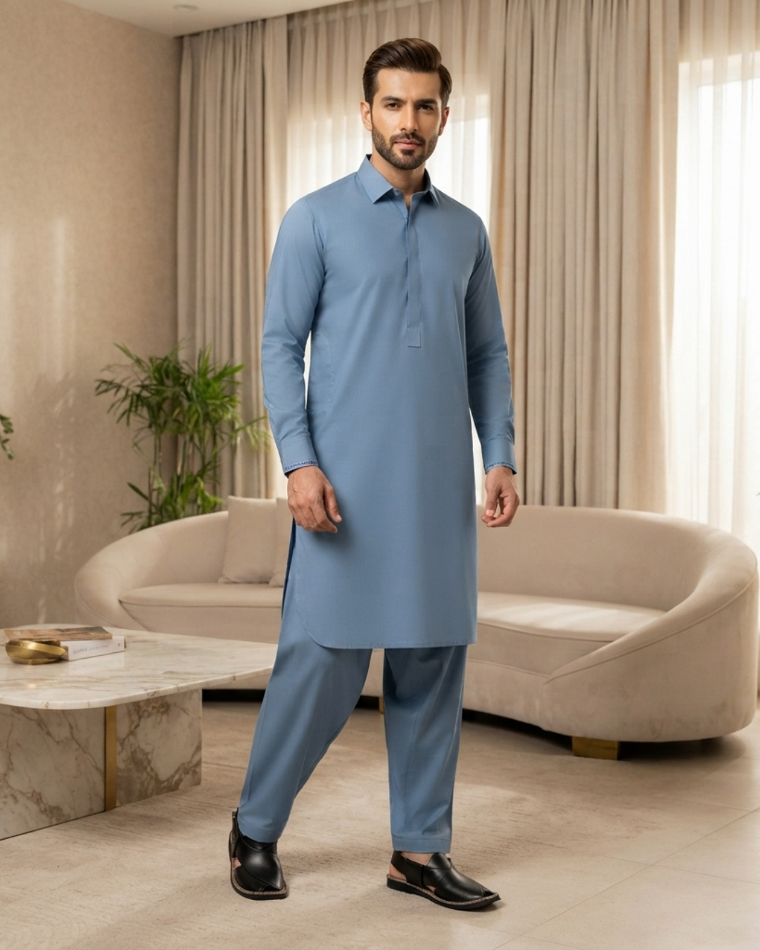 Men's Suit Powder Blue Royal Swiss Wash & Wear Unstitched
