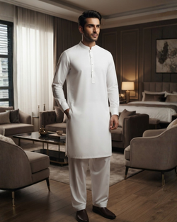 Men's Suit White Kohistan Latha Unstitched