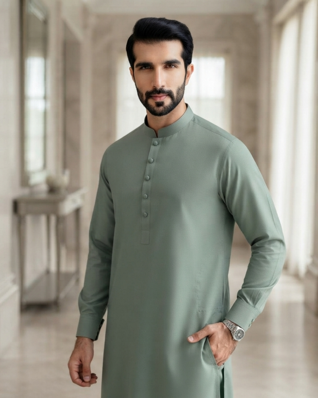 Men's Suit Sage Green Royal Swiss Wash & Wear Unstitched