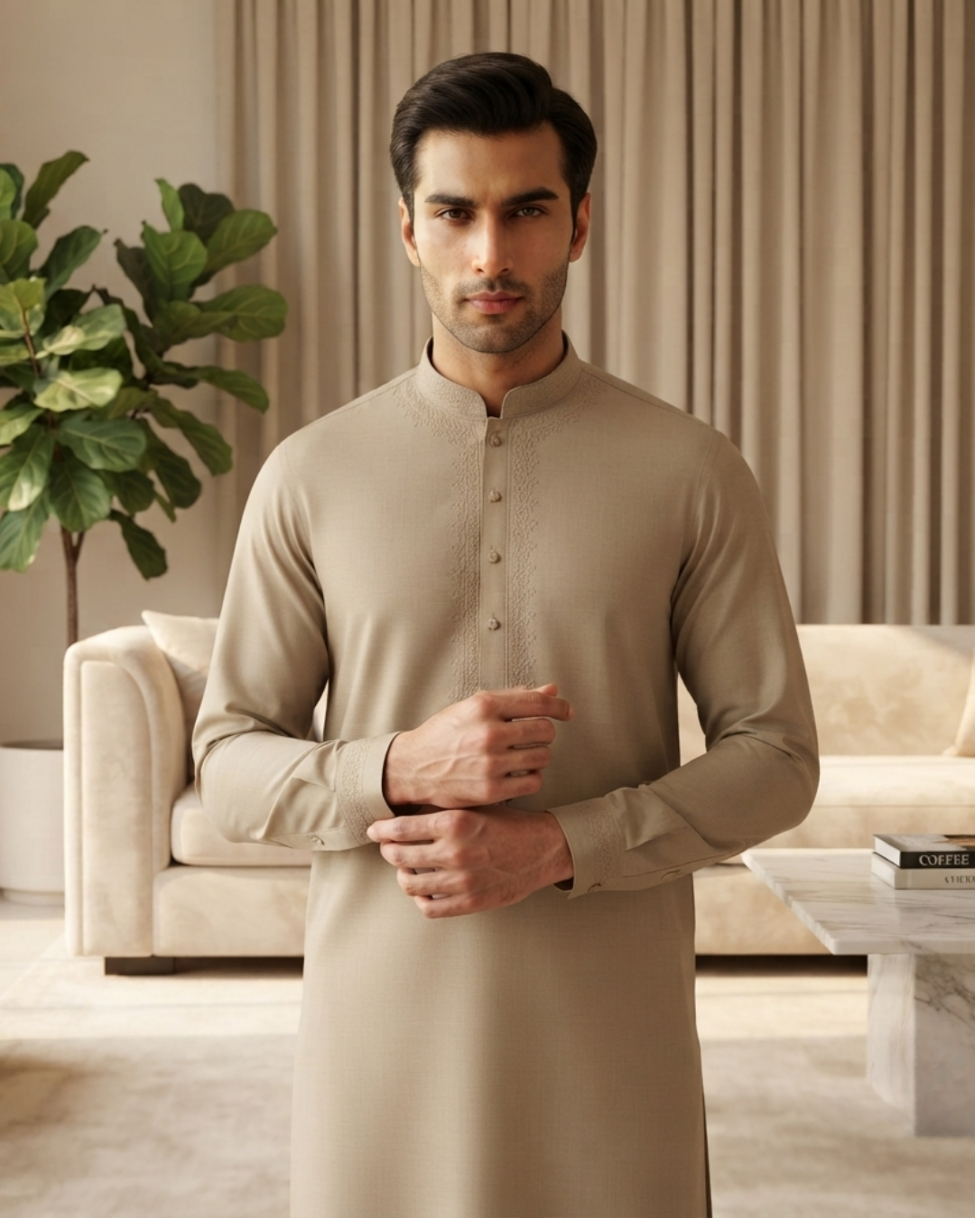 Men's Suit Desert Beige Royal Swiss Wash & Wear Unstitched