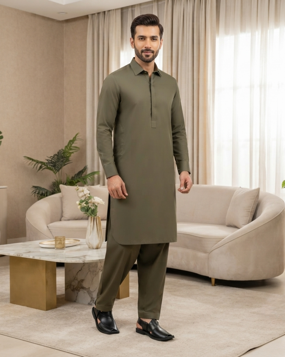 Men's Suit Olive Grey Royal Swiss Wash & Wear Unstitched