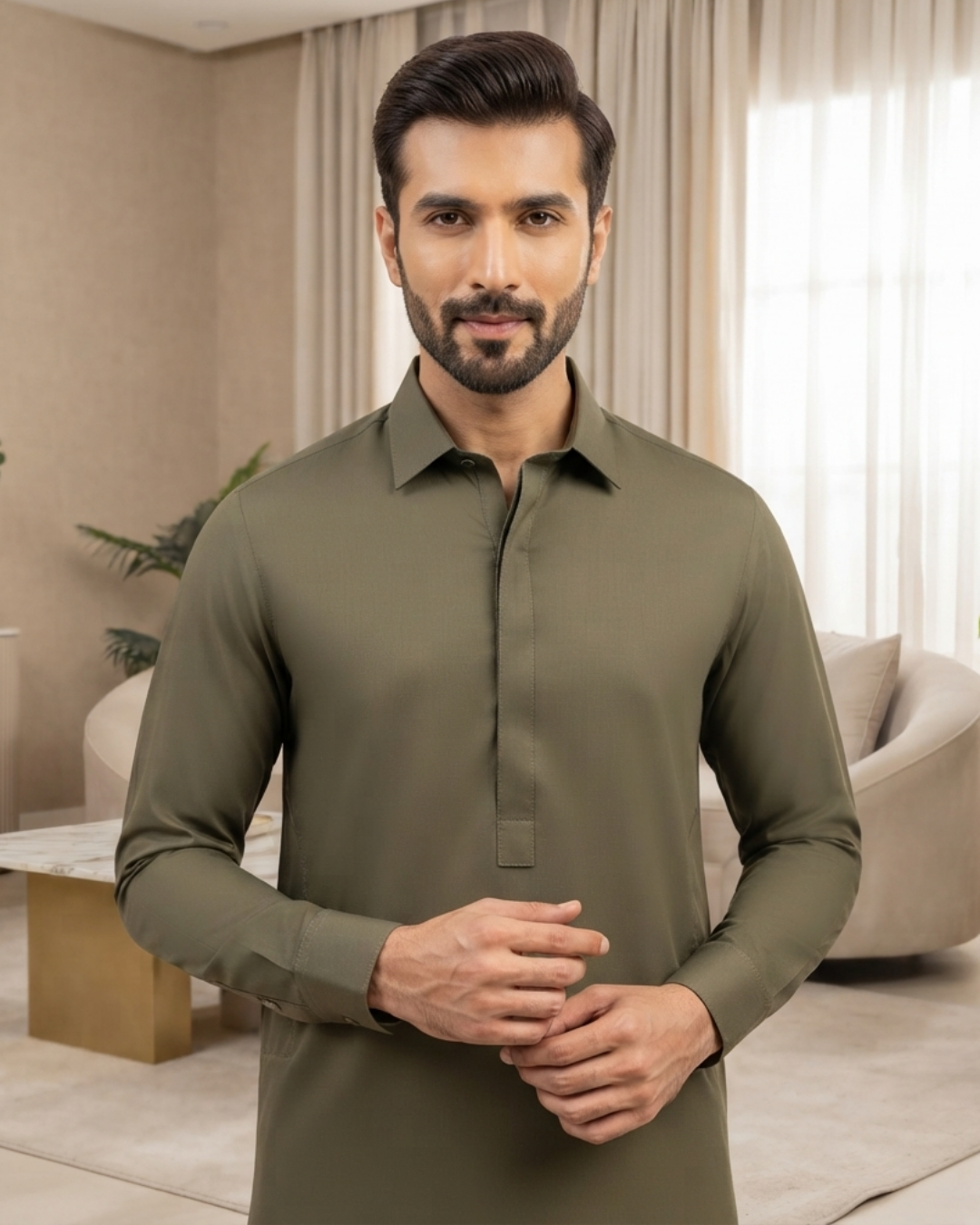 Men's Suit Olive Grey Royal Swiss Wash & Wear Unstitched