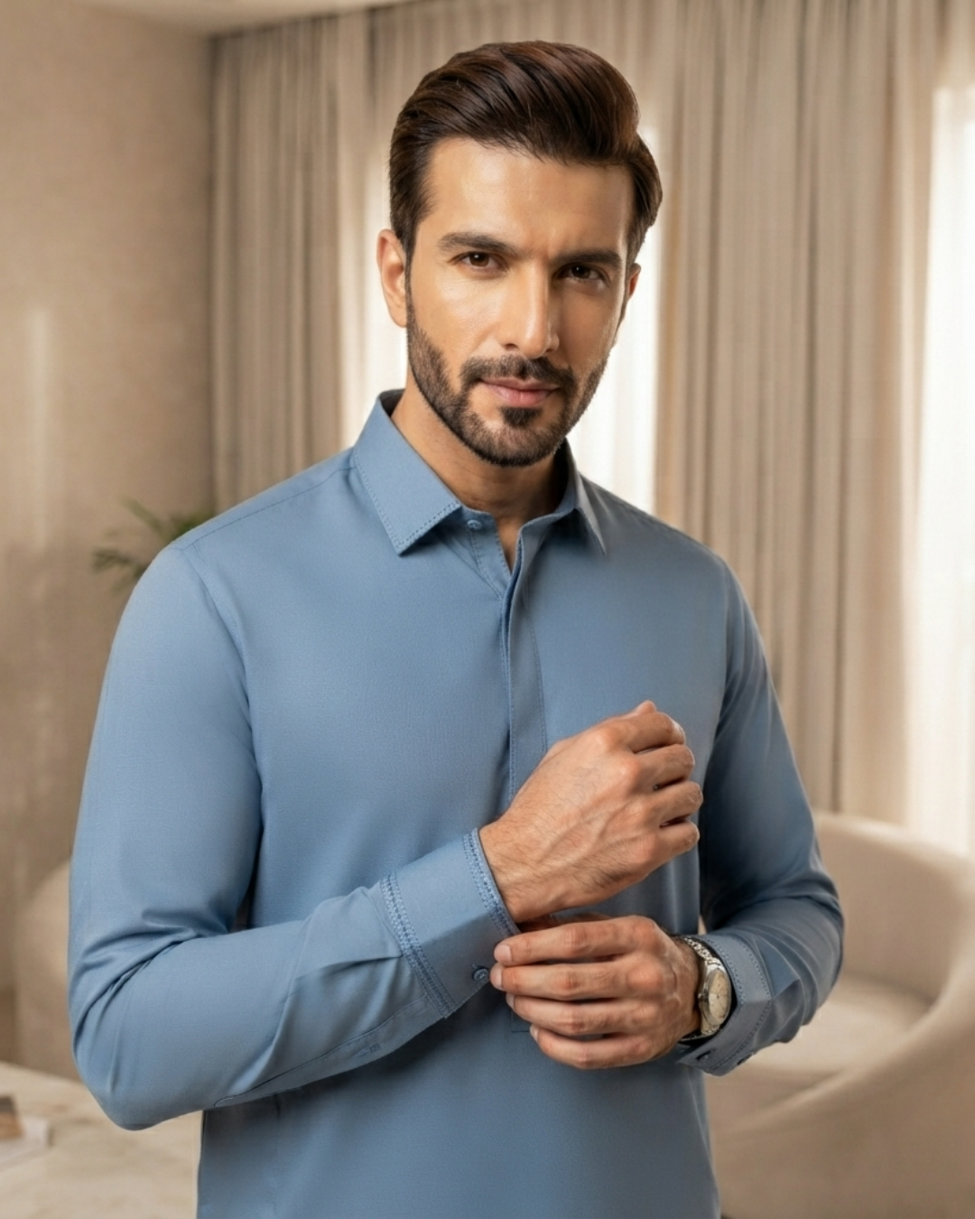 Men's Suit Powder Blue Royal Swiss Wash & Wear Unstitched